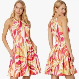 NWT Vince‎ Camuto Abstract Tropical Print Fit & Flare Dress Size 14 Pockets